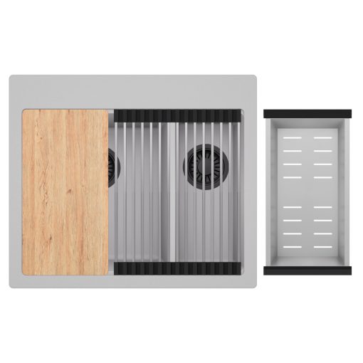 HD Aspen Grey 58 kétmedencés gránit mosogatótálca szett, vágódeszkával, acél csepegtetőráccsal és kosárral, alpesi szürke színben, matt fekete leeresztő szifonnal