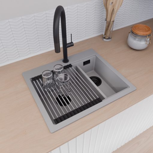 HD Aspen Grey 58 kétmedencés gránit mosogatótálca szett, vágódeszkával, acél csepegtetőráccsal és kosárral, alpesi szürke színben, matt fekete leeresztő szifonnal