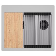 HD Aspen Grey 58 kétmedencés gránit mosogatótálca szett, vágódeszkával, acél csepegtetőráccsal, alpesi szürke színben, matt fekete leeresztő szifonnal