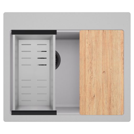 HD Aspen Grey 58 kétmedencés gránit mosogatótálca szett, vágódeszkával, acél csepegtetőkosárral, alpesi szürke színben, matt fekete leeresztő szifonnal