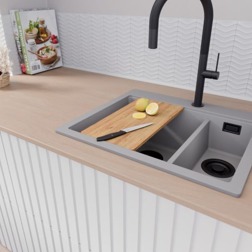 HD Aspen Grey 58 kétmedencés gránit mosogatótálca szett, vágódeszkával, acél csepegtetőkosárral, alpesi szürke színben, matt fekete leeresztő szifonnal