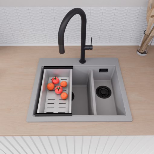 HD Aspen Grey 58 kétmedencés gránit mosogatótálca szett, vágódeszkával, acél csepegtetőkosárral, alpesi szürke színben, matt fekete leeresztő szifonnal