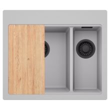 HD Aspen Grey 58 kétmedencés gránit mosogatótálca, vágódeszkával, alpesi szürke színben, matt fekete leeresztő szifonnal