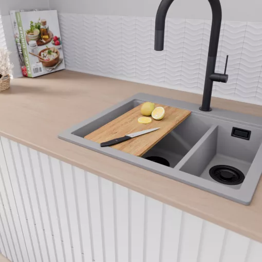 HD Aspen Grey 58 kétmedencés gránit mosogatótálca, vágódeszkával, alpesi szürke színben, matt fekete leeresztő szifonnal