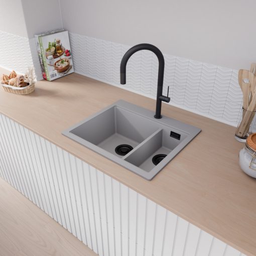 HD Aspen Grey 58 kétmedencés gránit mosogatótálca, vágódeszkával, alpesi szürke színben, matt fekete leeresztő szifonnal