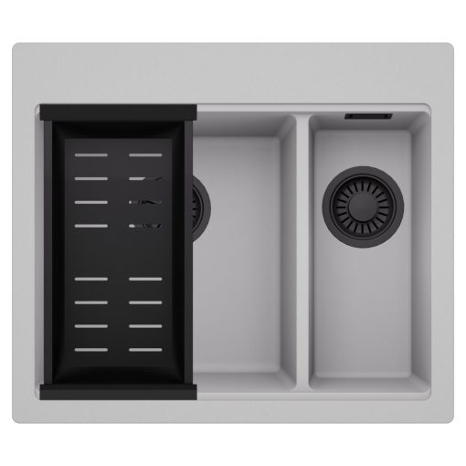 HD Aspen Grey 58 kétmedencés gránit mosogatótálca szett, matt fekete csepegtetőkosárral, alpesi szürke színben, matt fekete leeresztő szifonnal
