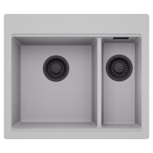 HD Aspen Grey 58 kétmedencés gránit mosogatótálca, alpesi szürke színben, matt fekete leeresztő szifonnal