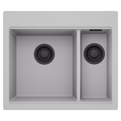 HD Aspen Grey 58 kétmedencés gránit mosogatótálca, alpesi szürke színben, matt fekete leeresztő szifonnal