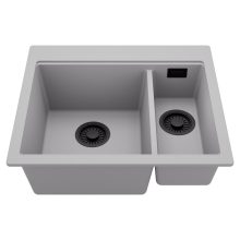 HD Aspen Grey 58 kétmedencés gránit mosogatótálca, alpesi szürke színben, matt fekete leeresztő szifonnal