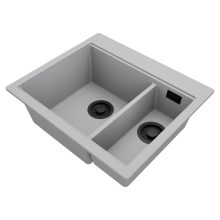 HD Aspen Grey 58 kétmedencés gránit mosogatótálca, alpesi szürke színben, matt fekete leeresztő szifonnal