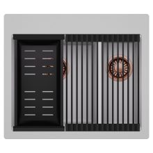 HD Aspen Grey 58 kétmedencés gránit mosogatótálca szett, matt fekete csepegtetőráccsal és kosárral, alpesi szürke színben, szálcsiszolt réz leeresztő szifonnal