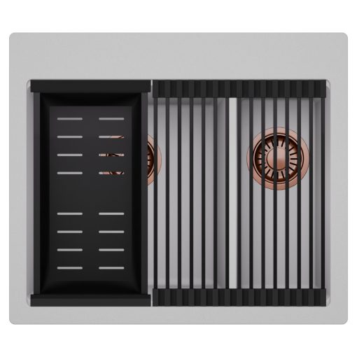 HD Aspen Grey 58 kétmedencés gránit mosogatótálca szett, matt fekete csepegtetőráccsal és kosárral, alpesi szürke színben, szálcsiszolt réz leeresztő szifonnal