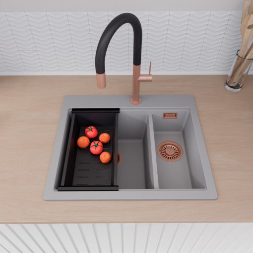 HD Aspen Grey 58 kétmedencés gránit mosogatótálca szett, matt fekete csepegtetőráccsal és kosárral, alpesi szürke színben, szálcsiszolt réz leeresztő szifonnal