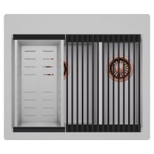 HD Aspen Grey 58 kétmedencés gránit mosogatótálca szett, matt fekete csepegtetőráccsal és krómozott kosárral, alpesi szürke színben, szálcsiszolt réz leeresztő szifonnal