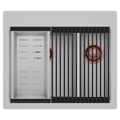 HD Aspen Grey 58 kétmedencés gránit mosogatótálca szett, matt fekete csepegtetőráccsal és krómozott kosárral, alpesi szürke színben, szálcsiszolt réz leeresztő szifonnal