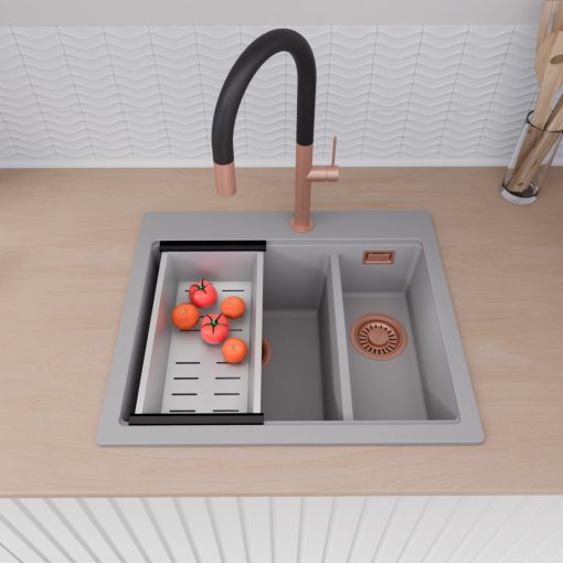 HD Aspen Grey 58 kétmedencés gránit mosogatótálca szett, matt fekete csepegtetőráccsal és krómozott kosárral, alpesi szürke színben, szálcsiszolt réz leeresztő szifonnal