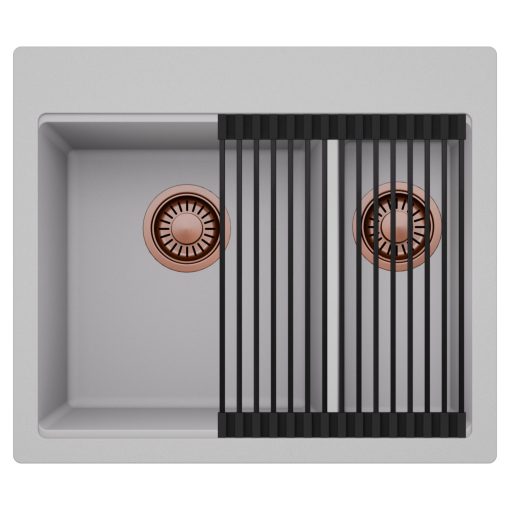 HD Aspen Grey 58 kétmedencés gránit mosogatótálca szett, matt fekete csepegtetőráccsal, alpesi szürke színben, szálcsiszolt réz leeresztő szifonnal