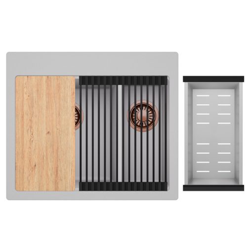 HD Aspen Grey 58 kétmedencés gránit mosogatótálca szett, vágódeszkával, matt fekete csepegtetőráccsal és krómozott kosárral, alpesi szürke színben, szálcsiszolt réz leeresztő szifonnal