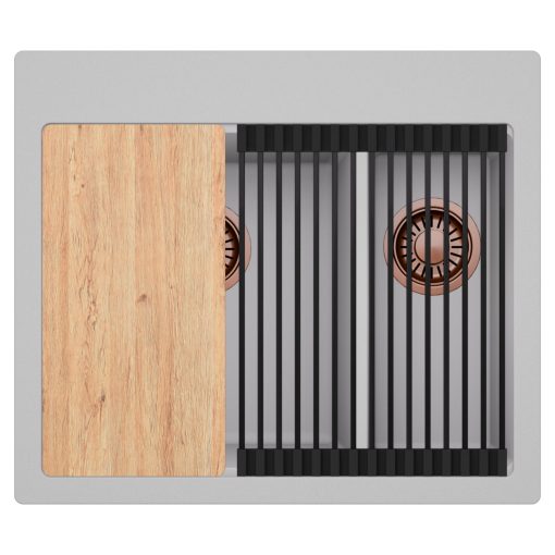 HD Aspen Grey 58 kétmedencés gránit mosogatótálca szett, vágódeszkával, matt fekete csepegtetőráccsal, alpesi szürke színben, szálcsiszolt réz leeresztő szifonnal