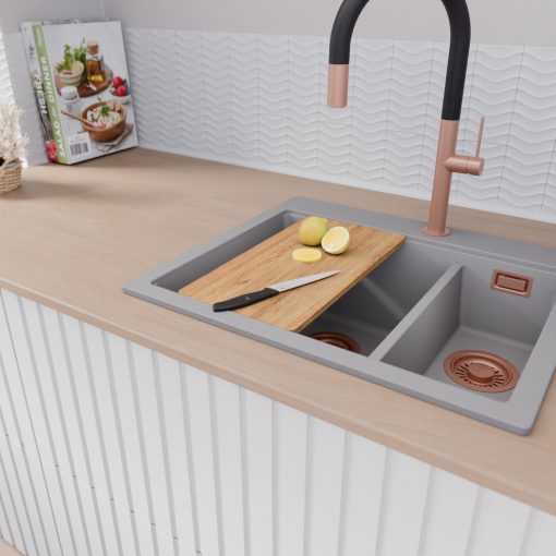 HD Aspen Grey 58 kétmedencés gránit mosogatótálca szett, vágódeszkával, matt fekete csepegtetőráccsal, alpesi szürke színben, szálcsiszolt réz leeresztő szifonnal