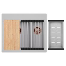 HD Aspen Grey 58 kétmedencés gránit mosogatótálca szett, vágódeszkával, acél csepegtetőráccsal és kosárral, alpesi szürke színben, szálcsiszolt réz leeresztő szifonnal