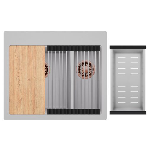 HD Aspen Grey 58 kétmedencés gránit mosogatótálca szett, vágódeszkával, acél csepegtetőráccsal és kosárral, alpesi szürke színben, szálcsiszolt réz leeresztő szifonnal