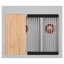 HD Aspen Grey 58 kétmedencés gránit mosogatótálca szett, vágódeszkával, acél csepegtetőráccsal, alpesi szürke színben, szálcsiszolt réz leeresztő szifonnal