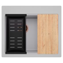 HD Aspen Grey 58 kétmedencés gránit mosogatótálca szett, vágódeszkával, matt fekete csepegtetőkosárral, alpesi szürke színben, szálcsiszolt réz leeresztő szifonnal