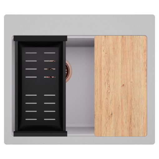 HD Aspen Grey 58 kétmedencés gránit mosogatótálca szett, vágódeszkával, matt fekete csepegtetőkosárral, alpesi szürke színben, szálcsiszolt réz leeresztő szifonnal