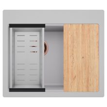 HD Aspen Grey 58 kétmedencés gránit mosogatótálca szett, vágódeszkával, acél csepegtetőkosárral, alpesi szürke színben, szálcsiszolt réz leeresztő szifonnal