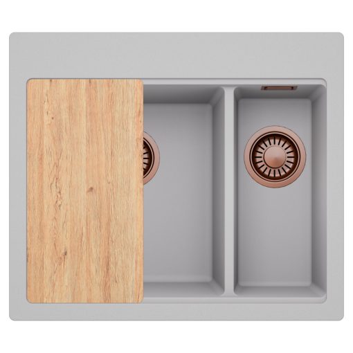 HD Aspen Grey 58 kétmedencés gránit mosogatótálca, vágódeszkával, alpesi szürke színben, szálcsiszolt réz leeresztő szifonnal