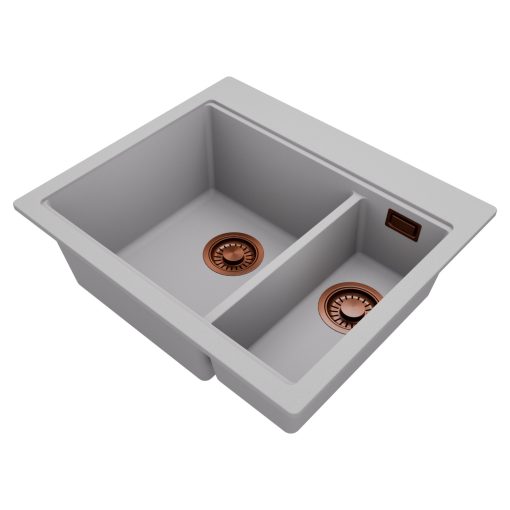HD Aspen Grey 58 kétmedencés gránit mosogatótálca, vágódeszkával, alpesi szürke színben, szálcsiszolt réz leeresztő szifonnal