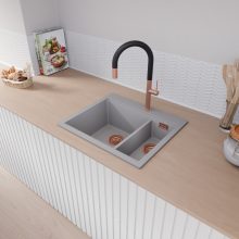 HD Aspen Grey 58 kétmedencés gránit mosogatótálca, vágódeszkával, alpesi szürke színben, szálcsiszolt réz leeresztő szifonnal