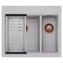 HD Aspen Grey 58 kétmedencés gránit mosogatótálca szett, acél csepegtetőkosárral, alpesi szürke színben, szálcsiszolt réz leeresztő szifonnal
