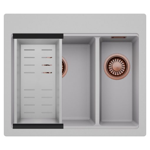 HD Aspen Grey 58 kétmedencés gránit mosogatótálca szett, acél csepegtetőkosárral, alpesi szürke színben, szálcsiszolt réz leeresztő szifonnal