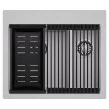 HD Aspen Grey 58 kétmedencés gránit mosogatótálca szett, matt fekete csepegtetőráccsal és kosárral, alpesi szürke színben