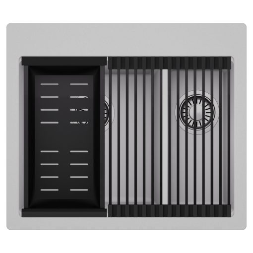 HD Aspen Grey 58 kétmedencés gránit mosogatótálca szett, matt fekete csepegtetőráccsal és kosárral, alpesi szürke színben