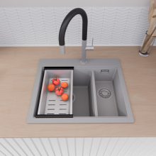 HD Aspen Grey 58 kétmedencés gránit mosogatótálca szett, matt fekete csepegtetőráccsal és krómozott kosárral, alpesi szürke színben