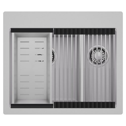HD Aspen Grey 58 kétmedencés gránit mosogatótálca szett, acél csepegtetőráccsal és kosárral, alpesi szürke színben