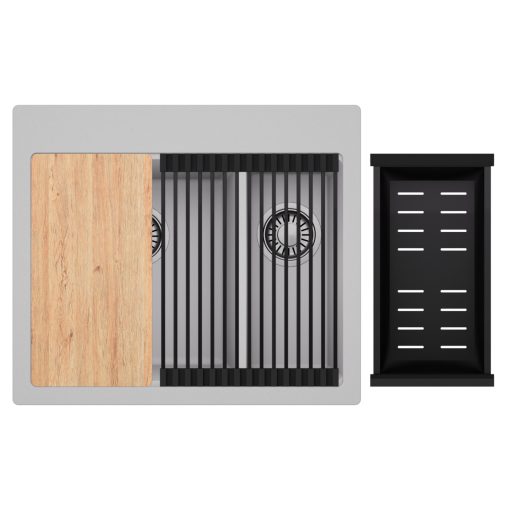 HD Aspen Grey 58 kétmedencés gránit mosogatótálca szett, vágódeszkával, matt fekete csepegtetőráccsal és kosárral, alpesi szürke színben