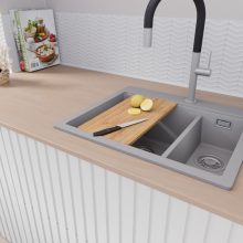 HD Aspen Grey 58 kétmedencés gránit mosogatótálca szett, vágódeszkával, matt fekete csepegtetőráccsal, alpesi szürke színben