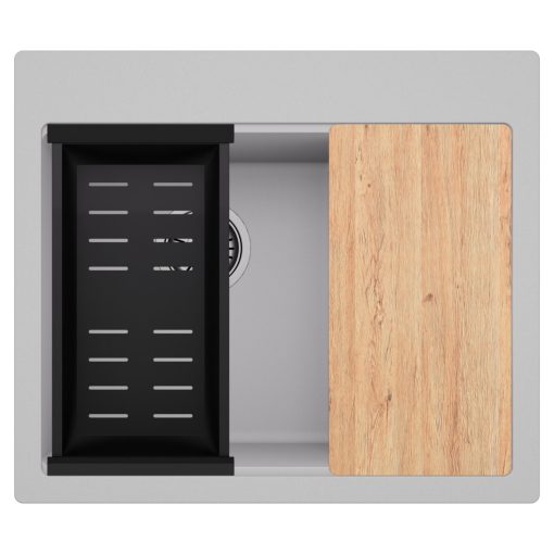 HD Aspen Grey 58 kétmedencés gránit mosogatótálca szett, vágódeszkával, matt fekete csepegtetőkosárral, alpesi szürke színben