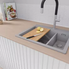 HD Aspen Grey 58 kétmedencés gránit mosogatótálca, vágódeszkával, alpesi szürke színben