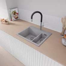 HD Aspen Grey 58 kétmedencés gránit mosogatótálca, vágódeszkával, alpesi szürke színben