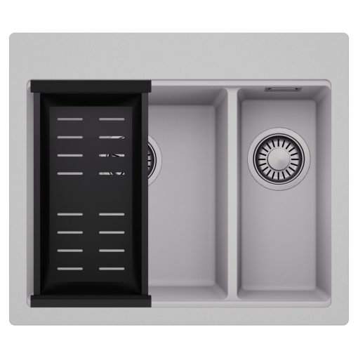 HD Aspen Grey 58 kétmedencés gránit mosogatótálca szett, matt fekete csepegtetőkosárral, alpesi szürke színben