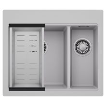 HD Aspen Grey 58 kétmedencés gránit mosogatótálca szett, acél csepegtetőkosárral, alpesi szürke színben