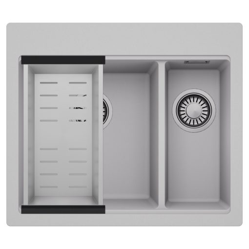 HD Aspen Grey 58 kétmedencés gránit mosogatótálca szett, acél csepegtetőkosárral, alpesi szürke színben