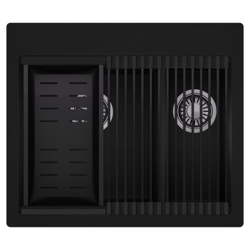 HD Aspen Black 58 kétmedencés gránit mosogatótálca szett, matt fekete csepegtetőráccsal és kosárral, matt fekete színben, szálcsiszolt króm leeresztő szifonnal