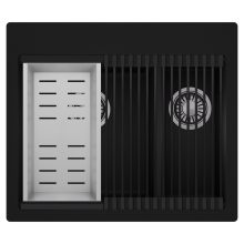 HD Aspen Black 58 kétmedencés gránit mosogatótálca szett, matt fekete csepegtetőráccsal és krómozott kosárral, matt fekete színben, szálcsiszolt króm leeresztő szifonnal