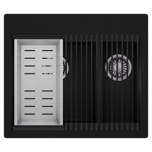 HD Aspen Black 58 kétmedencés gránit mosogatótálca szett, matt fekete csepegtetőráccsal és krómozott kosárral, matt fekete színben, szálcsiszolt króm leeresztő szifonnal